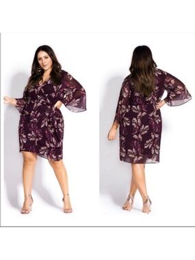 City Chic Plum Floral Wrap Dress with Pink Accents